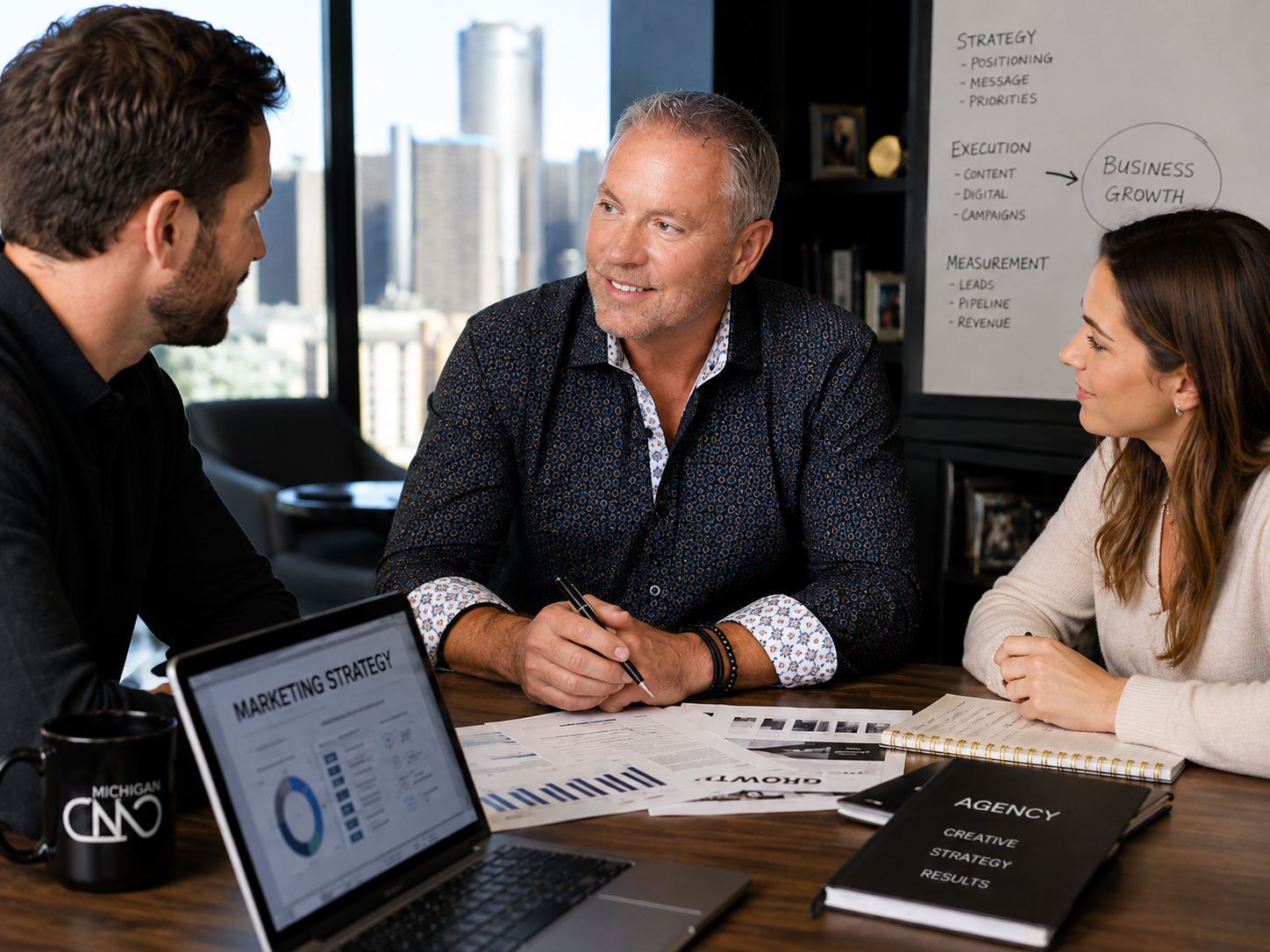 Mark Powers leading a collaborative marketing strategy meeting